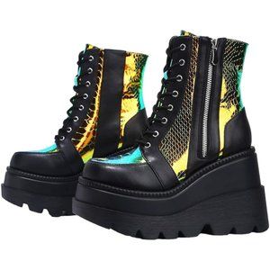 Cape Robbin Radio Holographic Platform Ankle Boots Chunky Block Heel Women's 8